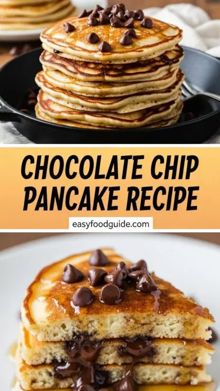 A stack of fluffy chocolate chip pancakes with syrup and chocolate chips on a white plate.