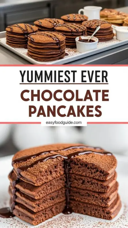 Fluffy chocolate pancakes topped with chocolate syrup and fresh berries on a rustic table.