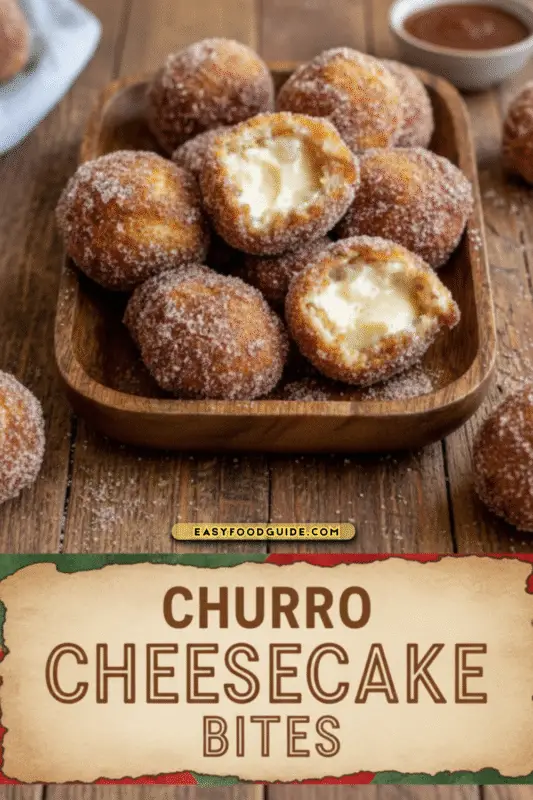 Golden-brown churro cheesecake bites dusted with cinnamon sugar on a wooden tray.