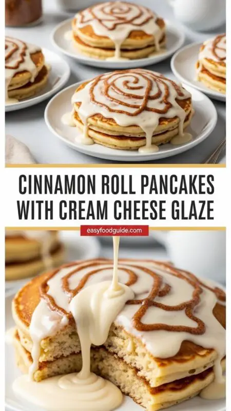 Fluffy cinnamon roll pancakes with cream cheese glaze on a rustic plate.