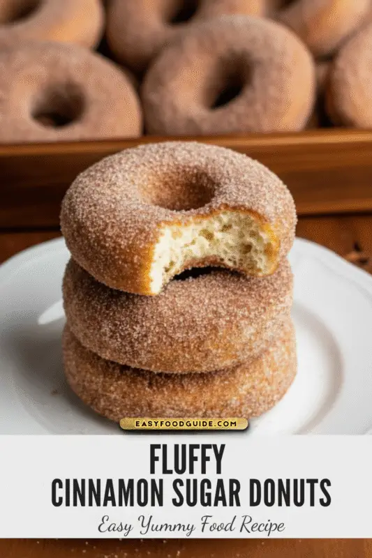 A stack of fluffy cinnamon sugar donuts on a white plate, with more donuts in the background, showcasing their golden-brown crust and sugar coating.