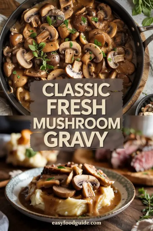 A bowl of creamy mushroom gravy garnished with parsley, with fresh mushrooms in the background.