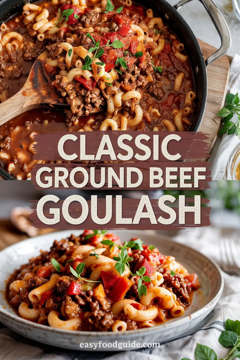 A bowl of ground beef goulash with macaroni and bell peppers in tomato sauce, garnished with cheese, on a kitchen table.