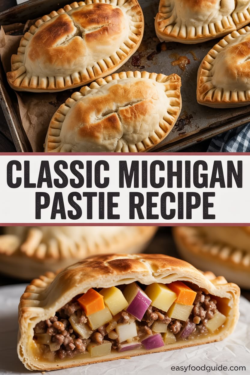 A freshly baked Michigan pasty with a flaky crust and savory filling on a wooden table.