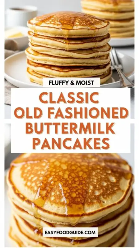 A stack of fluffy buttermilk pancakes with syrup and berries on a white plate.