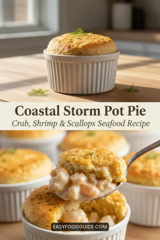 Individual seafood pot pie with crab, shrimp, and scallops, topped with Cheddar Bay biscuits, garnished with dill, in a cozy setting.