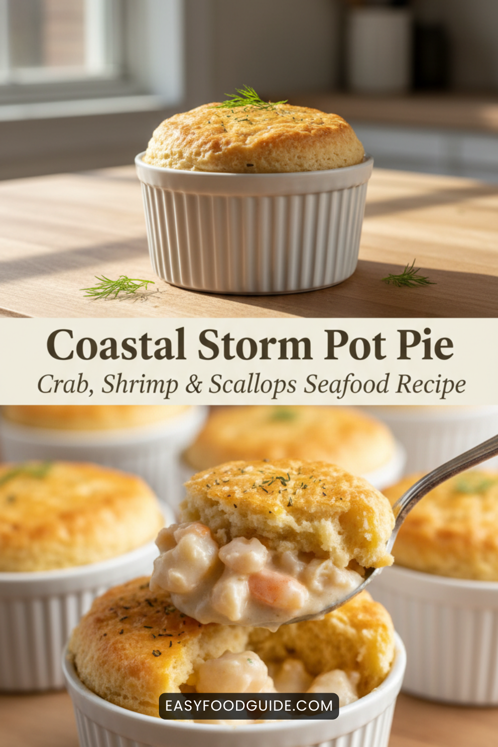 Individual seafood pot pie with crab, shrimp, and scallops, topped with Cheddar Bay biscuits, garnished with dill, in a cozy setting.