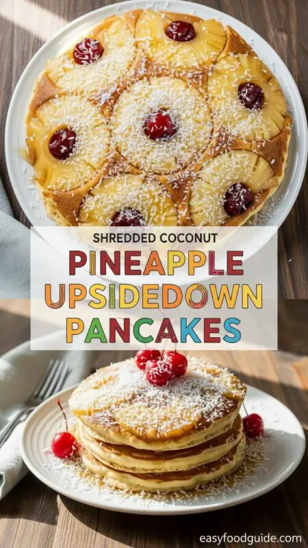 Fluffy pancakes topped with pineapple and coconut, drizzled with syrup, on a sunny kitchen table.