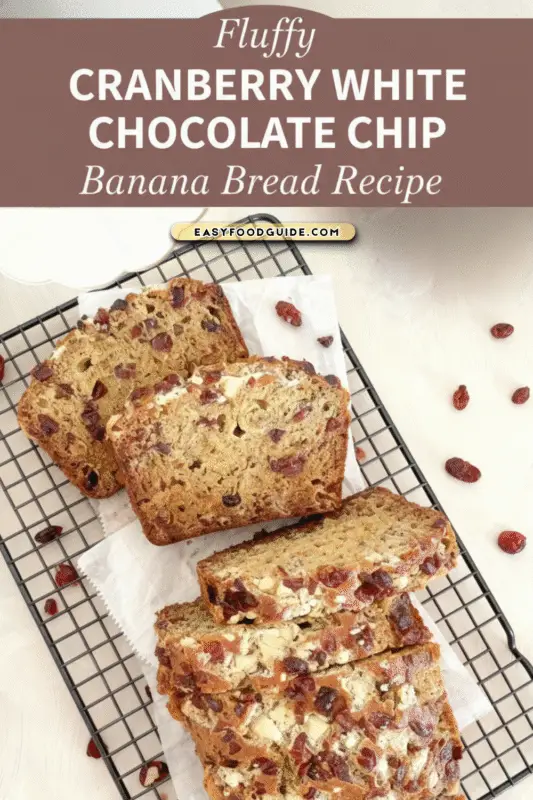 Sliced cranberry white chocolate chip banana bread on a wooden cutting board, showcasing its moist texture and white chocolate chips.