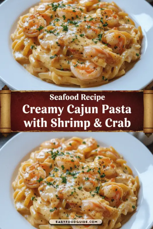 Creamy Cajun shrimp and crab pasta in a white bowl, garnished with parsley, illuminated by warm lighting.