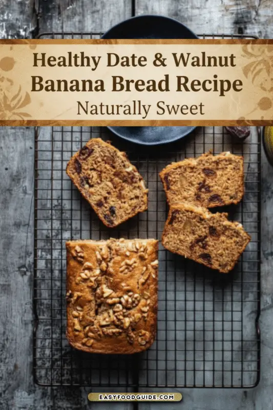 Freshly baked date and walnut banana bread loaf on a rustic wooden board with slices cut and stacked.