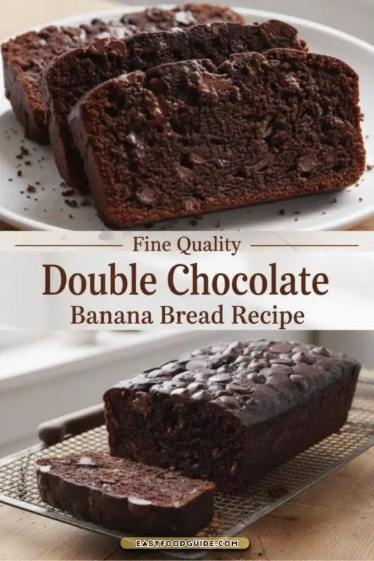 Sliced double chocolate banana bread on a wooden board, showcasing melted chocolate chips.