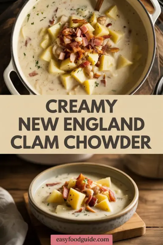 A bowl of rich New England clam chowder with bacon, potatoes, and clams, garnished with parsley, on a rustic table with bread.
