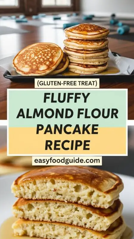 Fluffy almond flour pancakes topped with berries and maple syrup on a rustic table.