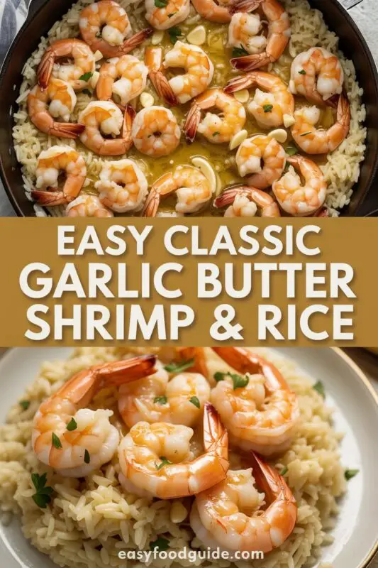 A plate of garlic butter shrimp over rice, garnished with parsley and lemon, on a rustic table.
