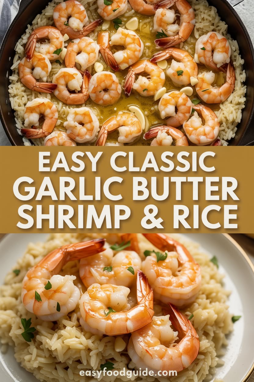 A plate of garlic butter shrimp over rice, garnished with parsley and lemon, on a rustic table.