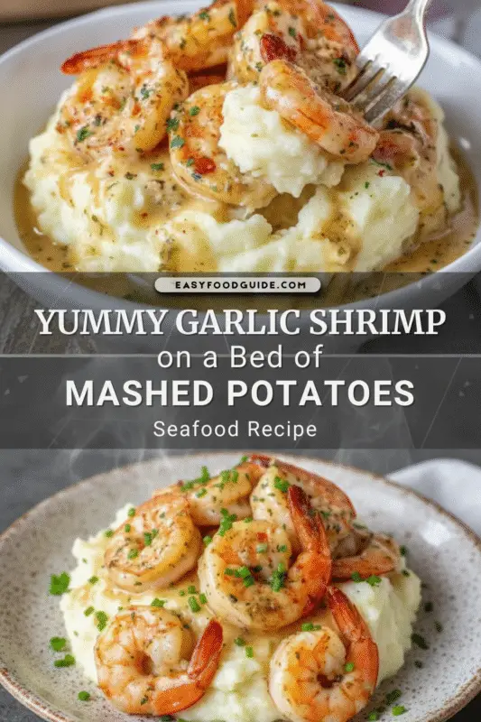 Creamy garlic shrimp on buttery mashed potatoes, garnished with parsley in a warm, inviting setting.
