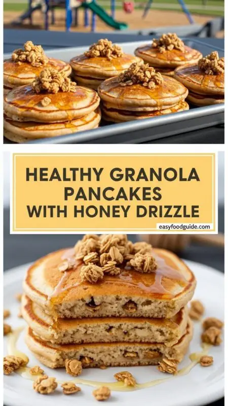 Fluffy granola pancakes topped with granola and honey, served with fresh berries on a rustic table.