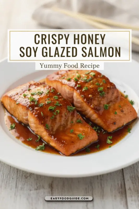 Two honey-seared salmon fillets on a wooden board, garnished with herbs, showcasing a glossy glaze.