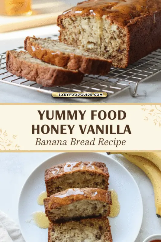 Freshly baked honey vanilla banana bread loaf sliced on a wooden board with honey drizzling over.