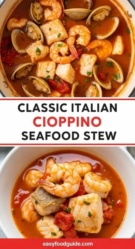 A bowl of cioppino seafood stew with clams, mussels, shrimp, and scallops in tomato broth, garnished with parsley and accompanied by crusty bread.