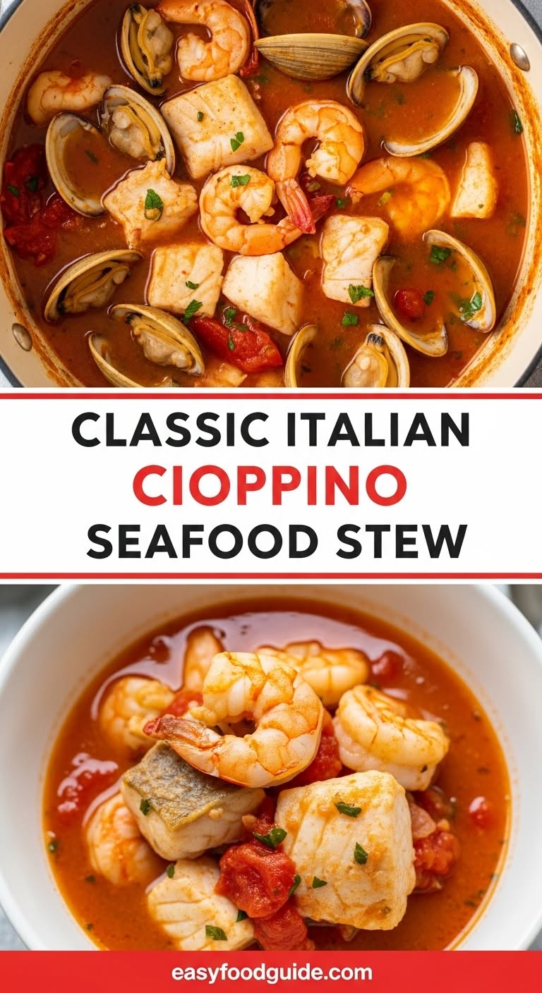 A bowl of cioppino seafood stew with clams, mussels, shrimp, and scallops in tomato broth, garnished with parsley and accompanied by crusty bread.