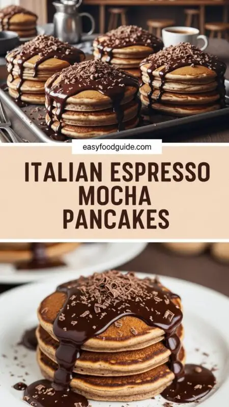 Fluffy Italian Espresso Mocha Pancakes with chocolate mocha sauce and chocolate shavings on a rustic plate.