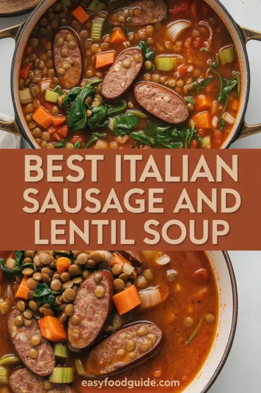 A hearty bowl of Italian sausage and lentil soup with spinach and Parmesan, served with crusty bread.