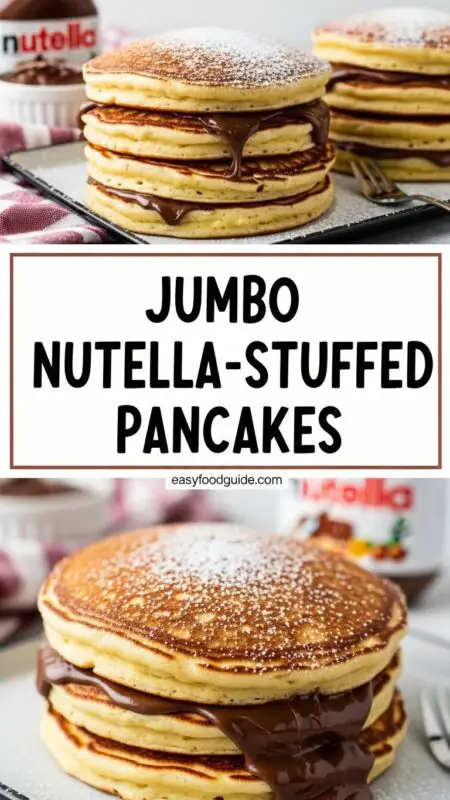 A stack of Nutella-stuffed pancakes topped with bananas and powdered sugar on a breakfast table.