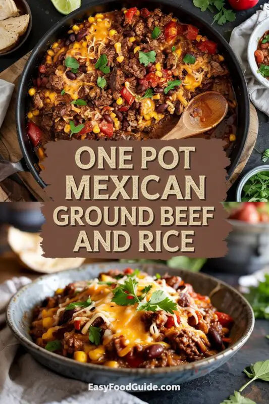 One pot Mexican ground beef and rice in a skillet, topped with melted cheddar cheese and garnished with cilantro.