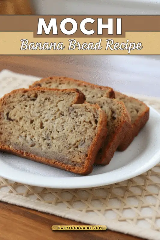 Close-up of homemade Mochi Banana Bread loaf sliced on a wooden board, showcasing its chewy texture and steam rising from a slice.