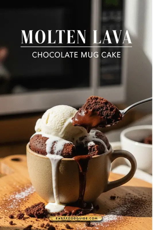 A delicious Molten Lava Chocolate Mug Cake with a gooey center, served with ice cream on a wooden table.