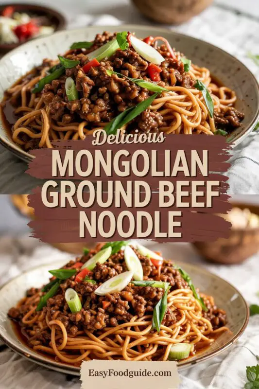 A bowl of Mongolian Ground Beef Noodles with glossy sauce and green onions, served with chopsticks.