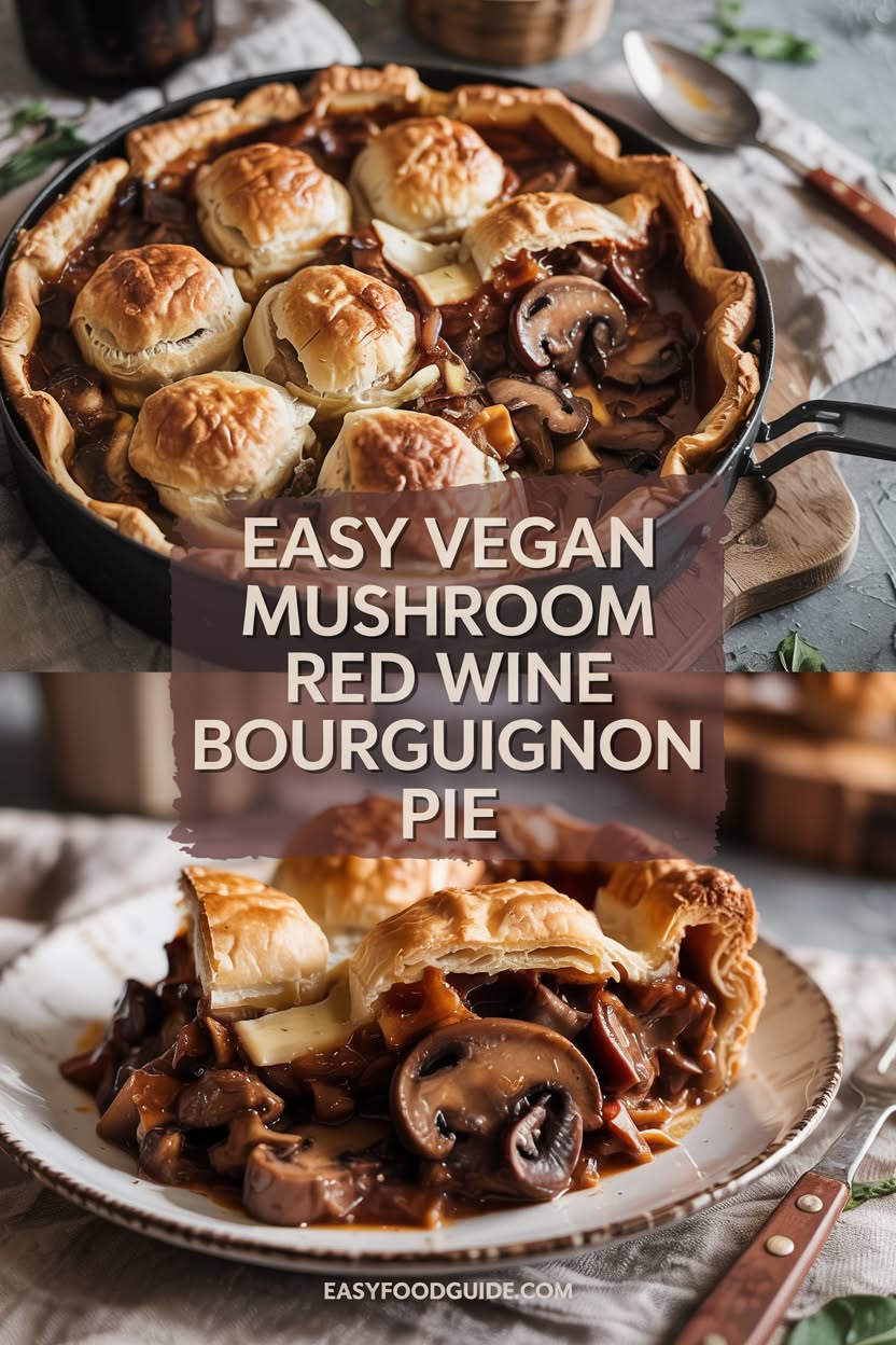 A Vegan Mushroom Bourguignon Pie with a flaky crust and mushroom filling