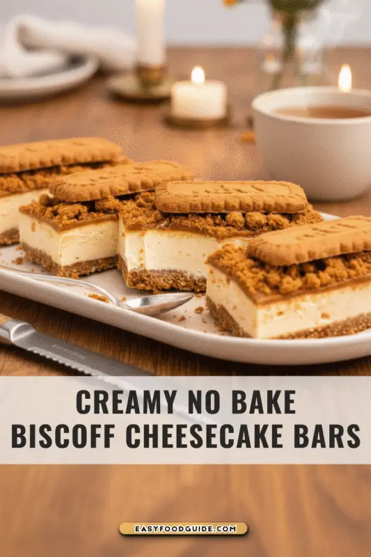 Creamy Biscoff cheesecake bars with cookie crust and topped with Biscoff cookies, served with tea.
