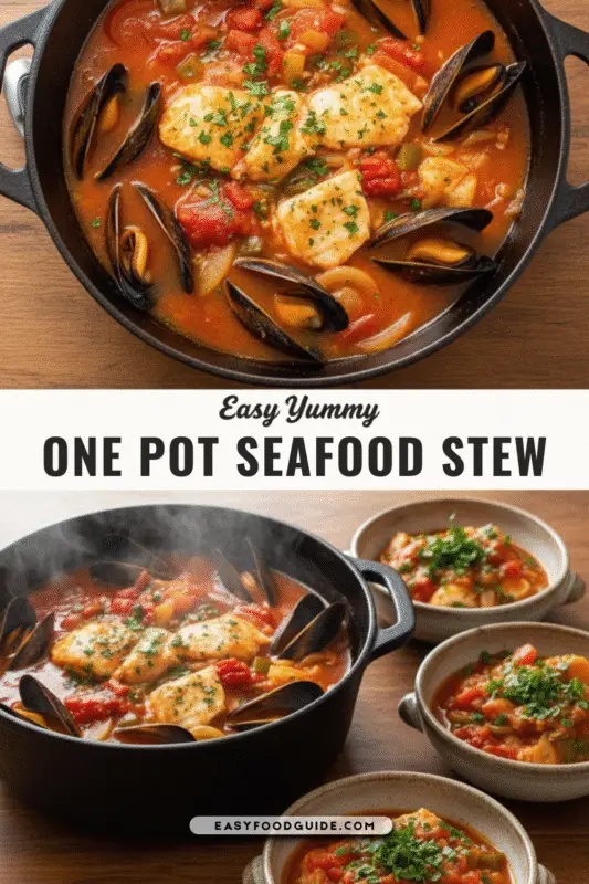 A steaming pot of seafood stew with mussels and fish, garnished with parsley, alongside crusty bread.