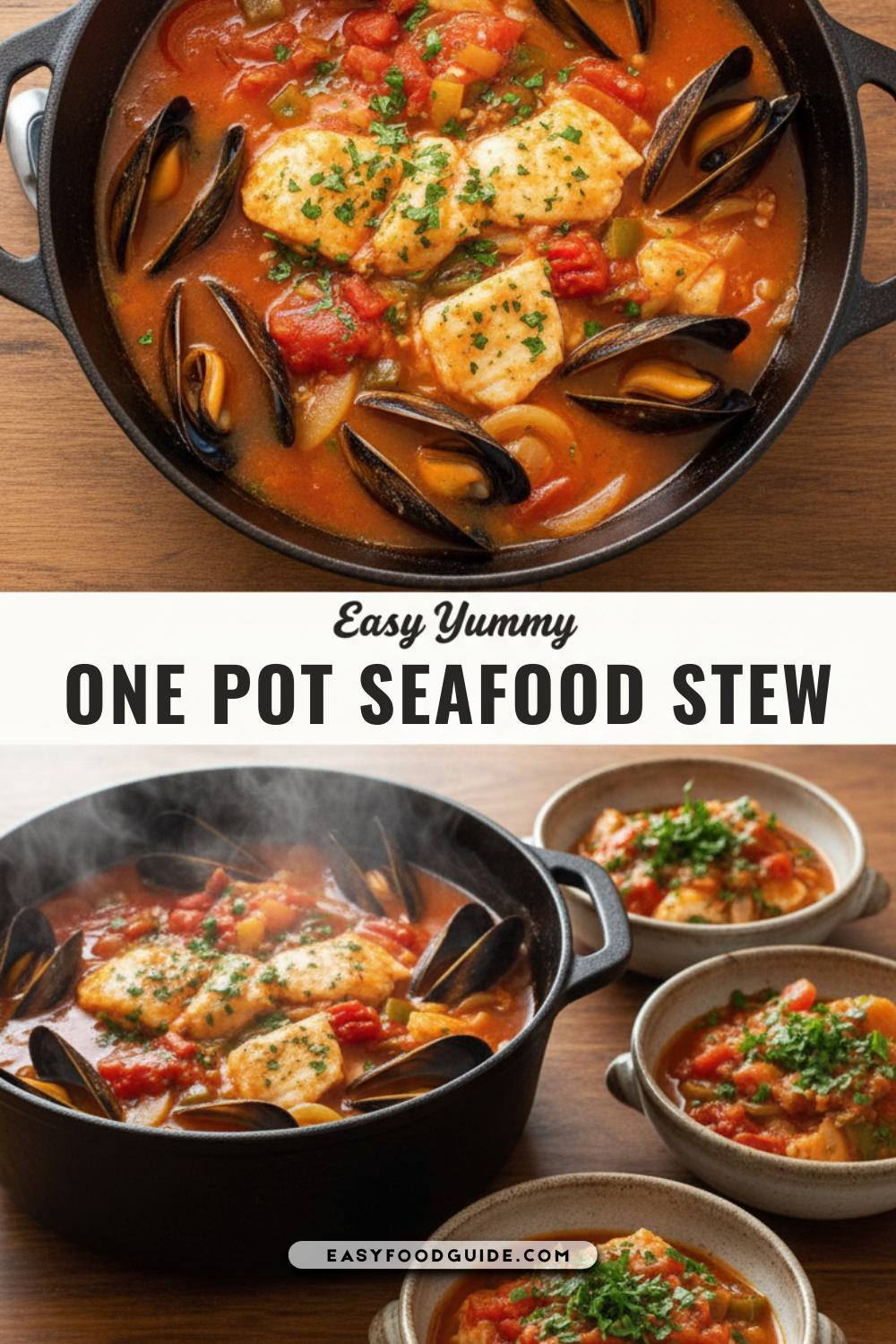 A steaming pot of seafood stew with mussels and fish, garnished with parsley, alongside crusty bread.