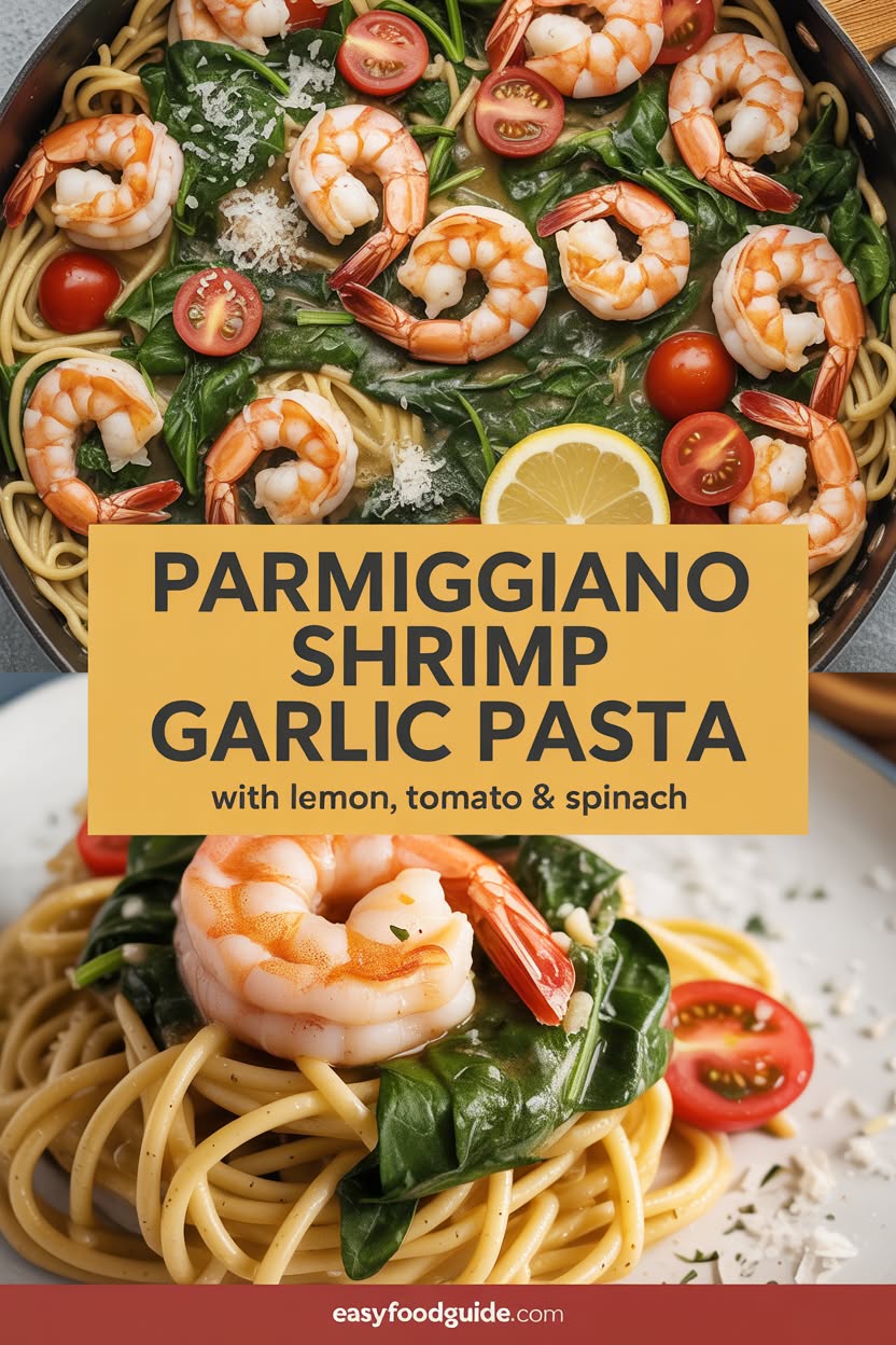 A colorful plate of shrimp garlic pasta with spinach and tomatoes, garnished with Parmigiano cheese and lemon.