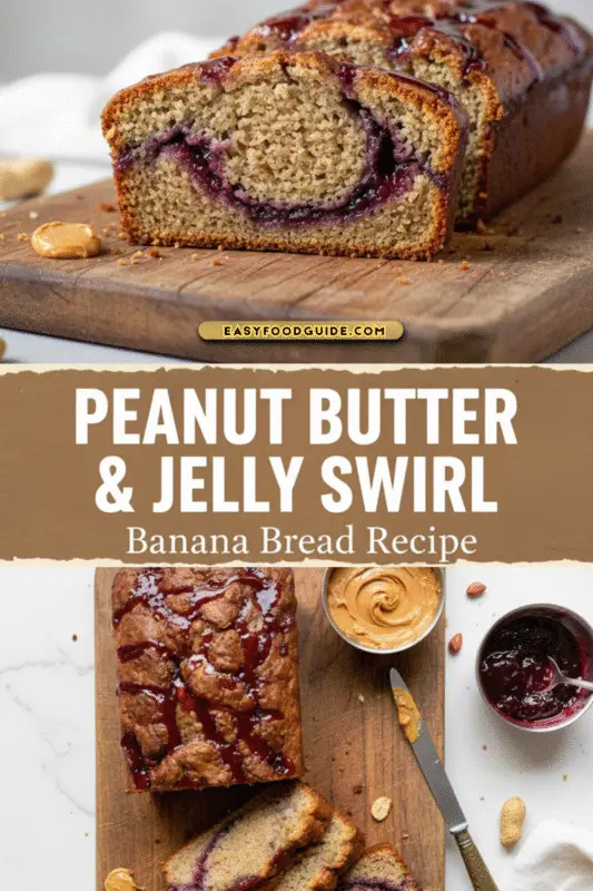 Peanut butter and jelly swirl banana bread slice on a wooden board with a cozy kitchen background.