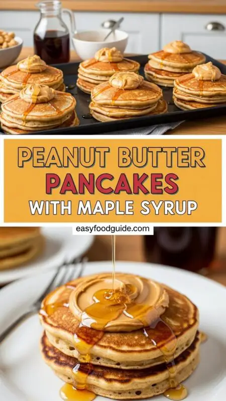 Fluffy peanut butter pancakes stacked high, topped with maple syrup and fresh berries.