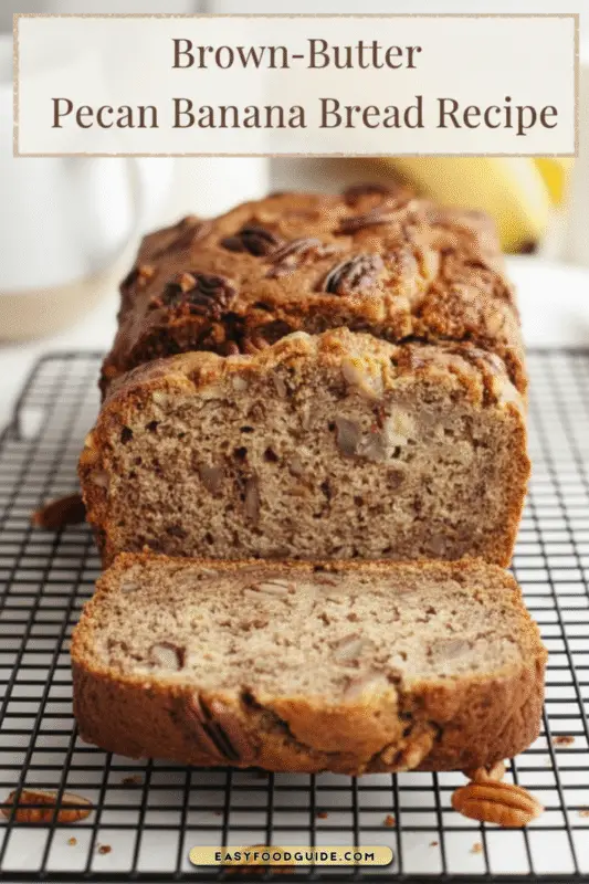 A golden-brown loaf of banana pecan bread on a wooden cutting board, showcasing a slice revealing its moist interior with toasted pecans.