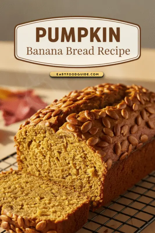 Sliced Pumpkin Banana Bread on a wooden board with pumpkin seeds and autumn leaves.