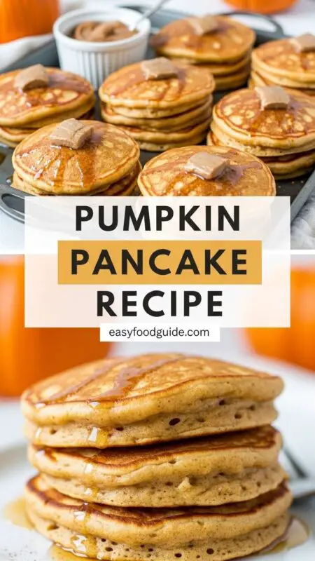 Fluffy pumpkin pancakes stacked high, topped with whipped cream and maple syrup, surrounded by pumpkin and pecans.