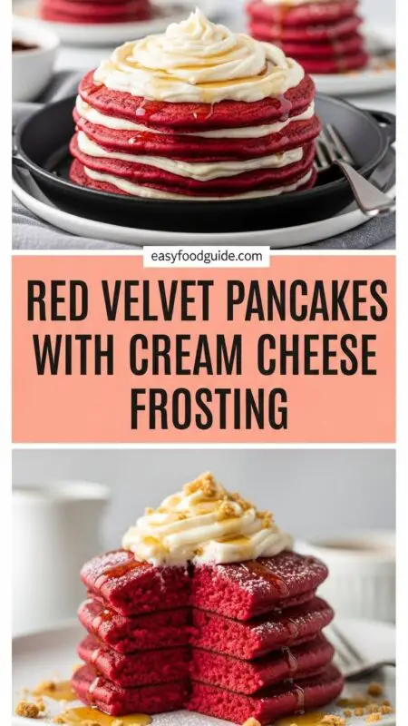 A delicious stack of red velvet pancakes topped with cream cheese frosting and fresh berries.