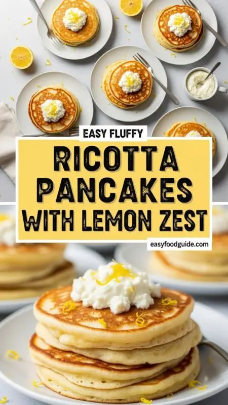 Fluffy lemon ricotta pancakes stacked with blueberries and syrup on a wooden table.
