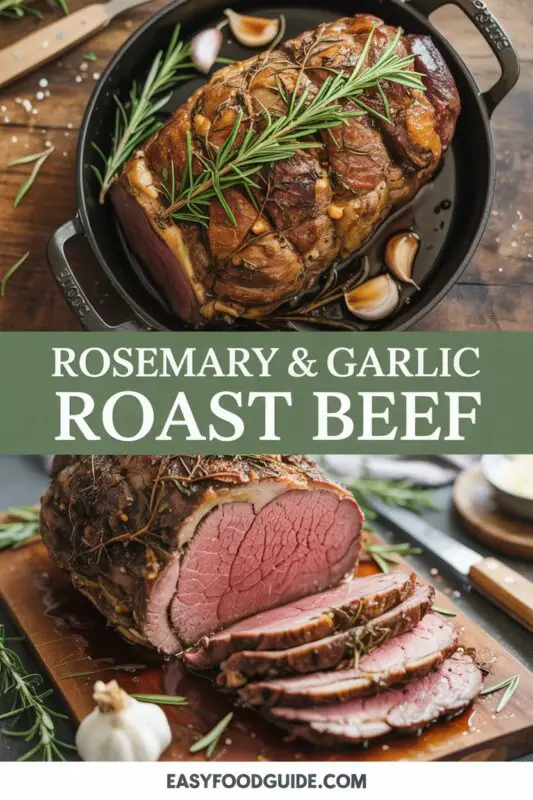 A succulent rosemary and garlic roast beef on a cutting board with fresh herbs and roasted vegetables.
