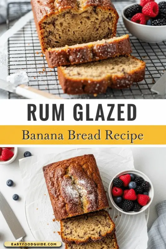 A slice of rum glazed banana bread on a dessert plate, garnished with powdered sugar and fresh berries.