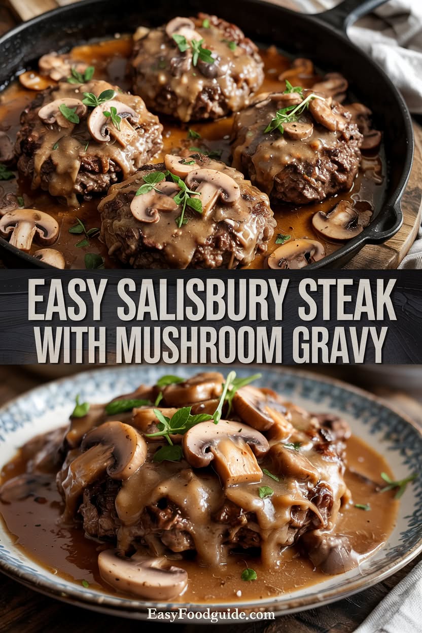 Salisbury steak with mushroom gravy on a plate, served with mashed potatoes and green beans.