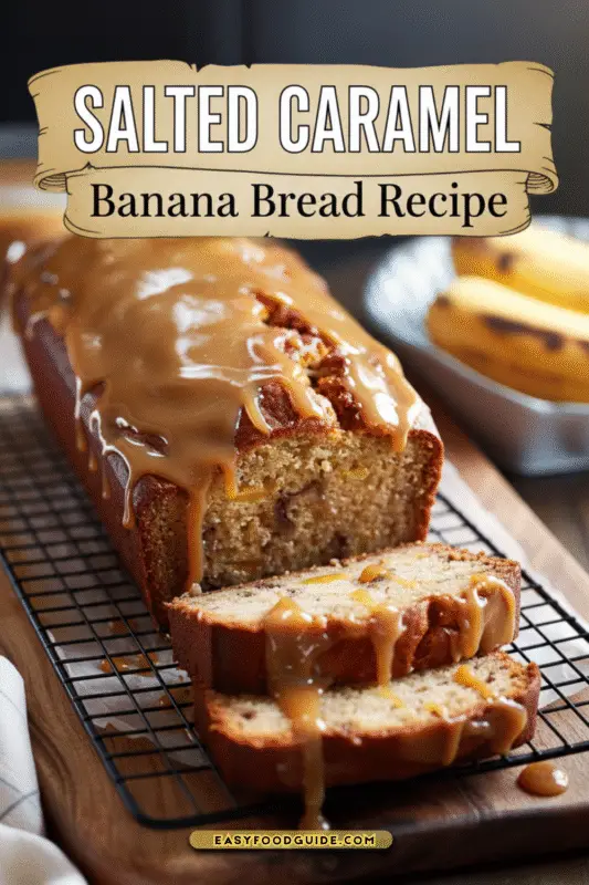 A slice of salted caramel banana bread on a white plate, highlighting its moist texture and caramel swirls.