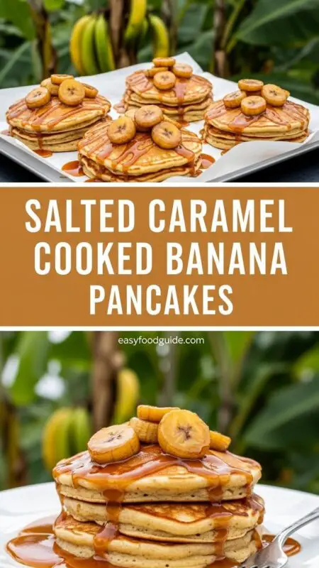 Fluffy banana pancakes with salted caramel sauce and caramelized banana slices on a rustic table.